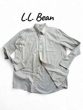 L.L. Bean Men's Size Large White Plaid Button-Down Shirt with Green and Gray